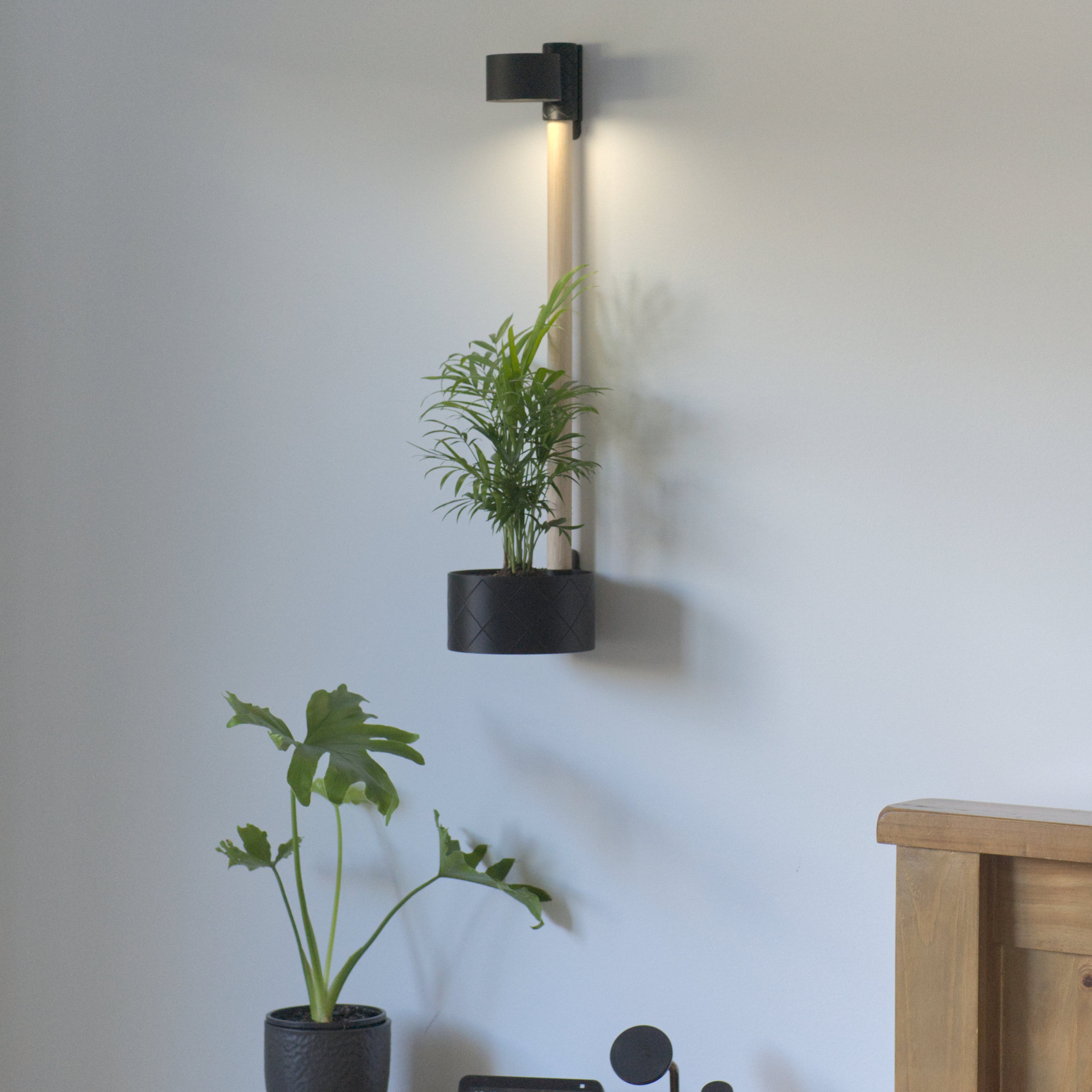 Wall Planter with LED Light | Modern Black Indoor Planter.