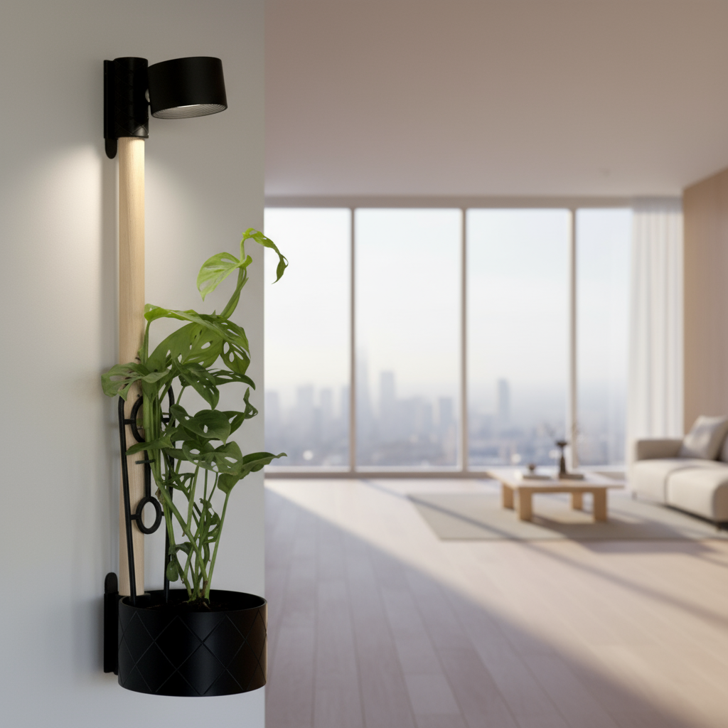 Wall Planter with LED Light | Modern Black Indoor Planter.